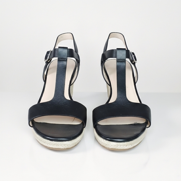 Cole Haan Size 8.5 Sandals Espadrille Black Leather Wedges Ankle T Strap Heels - Picture 2 of 9